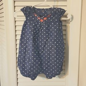 Denim Polka-dot Romper with Pink Flowers, Size 6 Months
